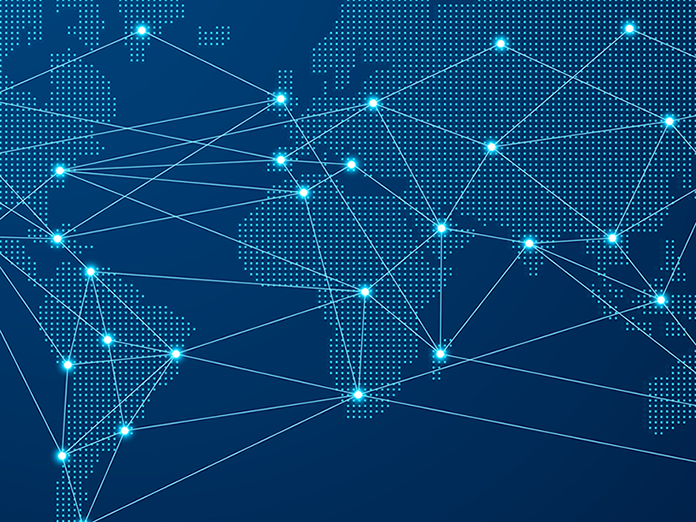 Weltkarte mit über die Kontinente vernetzten Lichtpunkten